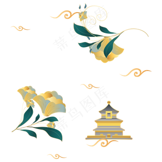 中国风绿金花朵亭子