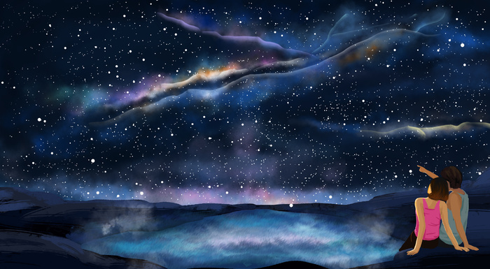 星空下的男孩和女孩(4134X2271(DPI:300))psd模版下载