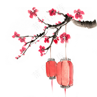 元旦梅花与灯笼,免抠元素