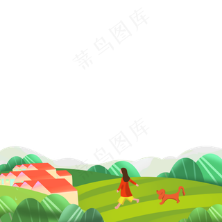 春天少女田野少女和狗风景装饰底