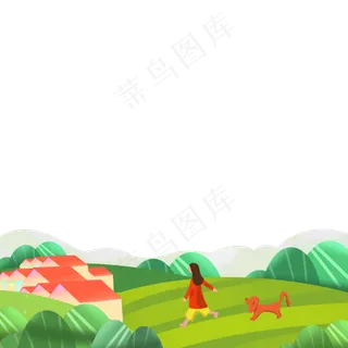春天少女田野少女和狗风景装饰底