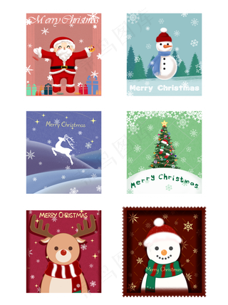 手绘圣诞节邮票小贴纸彩色套图可,免抠元素
