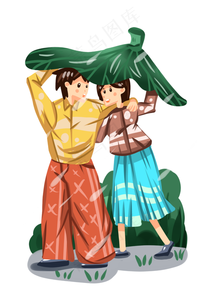 谷雨用叶子挡雨的小孩