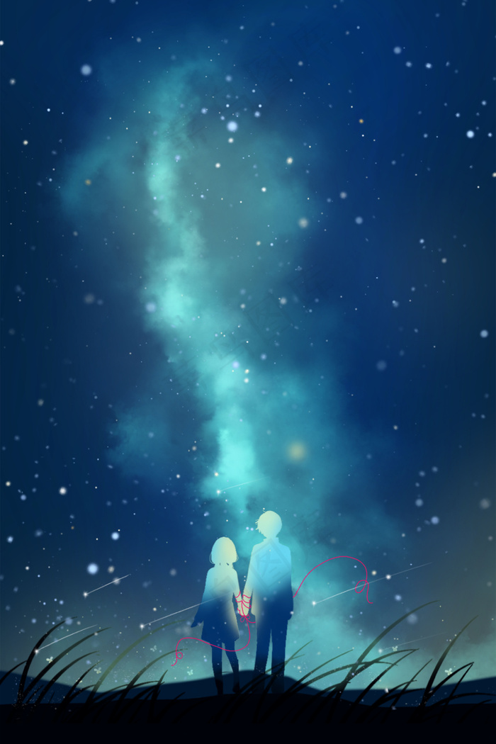 深蓝色浪漫唯美卡通夜晚星空下情侣散步配图