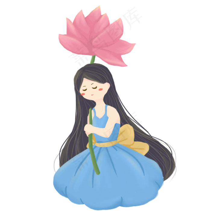 拿着一只荷花的女孩免扣图