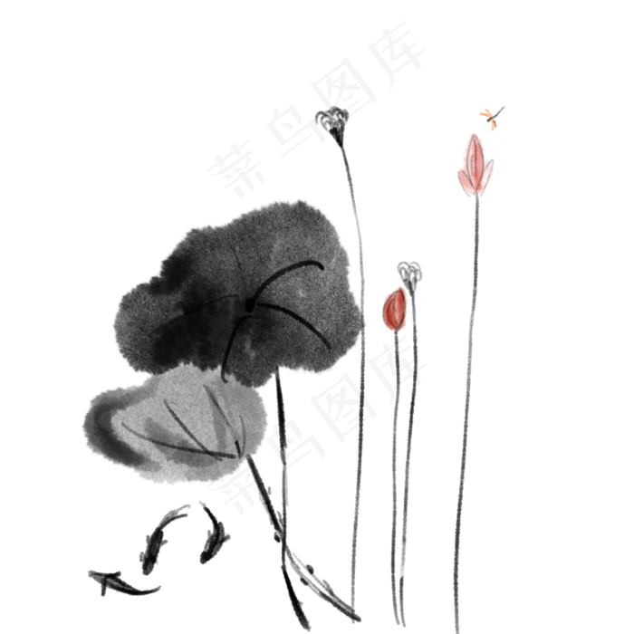 水墨中国风荷花蜻蜓元素,免抠元素(3000*3000px 300 dpi )psd模版下载