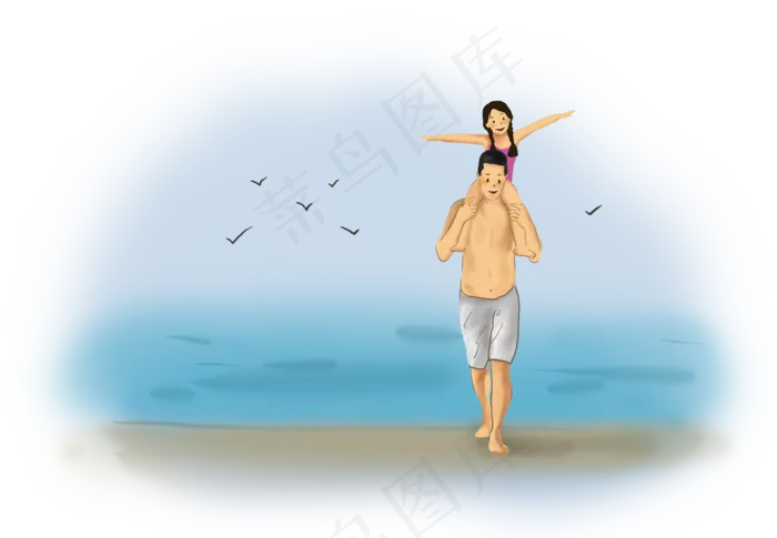 父亲节手绘海边父女(4961X3508(DPI:300))psd模版下载