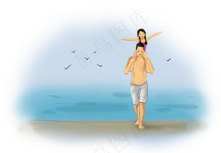 父亲节手绘海边父女