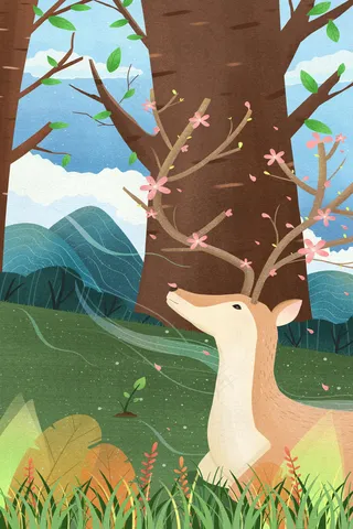 植树节春天春景治愈清新鹿植物