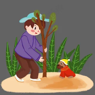 植树节成人和狗种树手绘人物PN