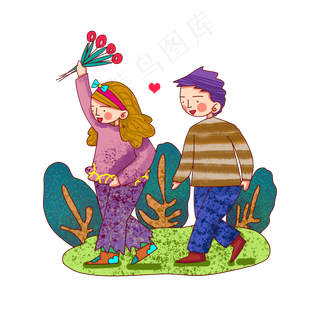 卡通风格春日情侣踏青出游