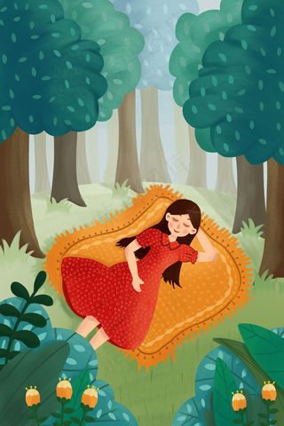 春天躺在草地上睡觉的小女孩