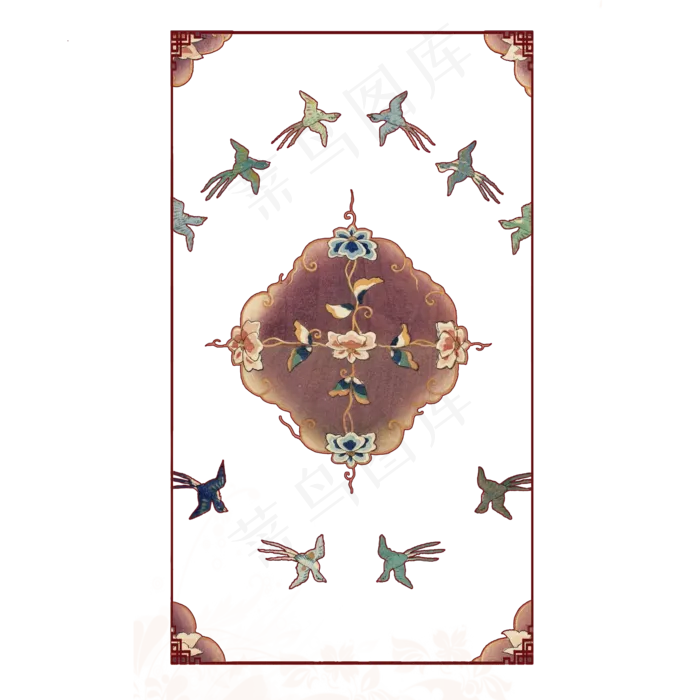 中国古典宝石飞鸟团花鹦鹉丝带花(3500X3500(DPI:200))psd模版下载