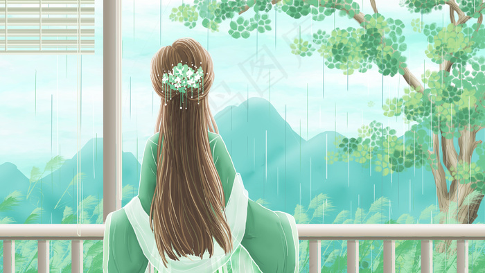 春景唯美古风雨天遥望山间的少女b(2880*1620px 300 dpi )psd模版下载