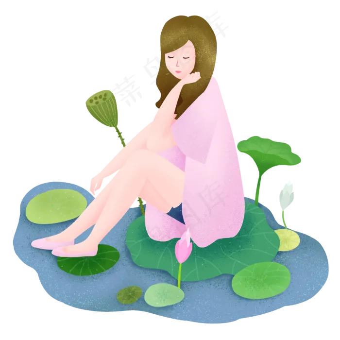 坐在荷叶的小女孩(3000X3000(DPI:300))psd模版下载