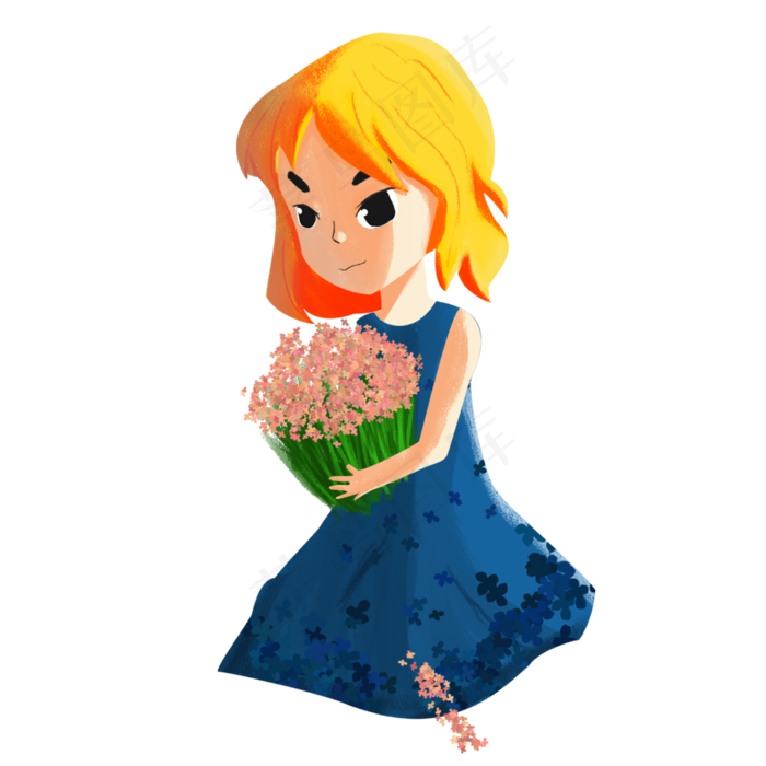 手绘卡通女孩拿着花束元素(2000X2000(DPI:300))psd模版下载