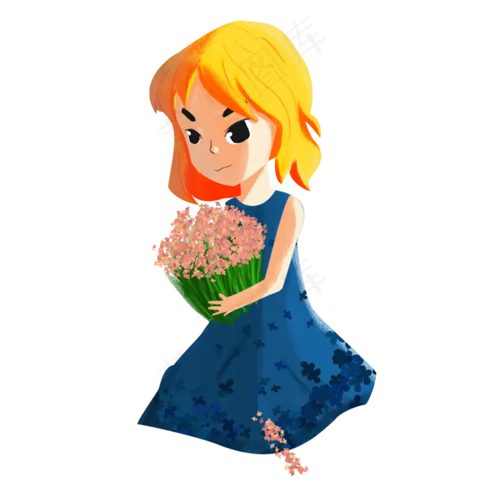 手绘卡通女孩拿着花束元素(2000X2000(DPI:300))psd模版下载