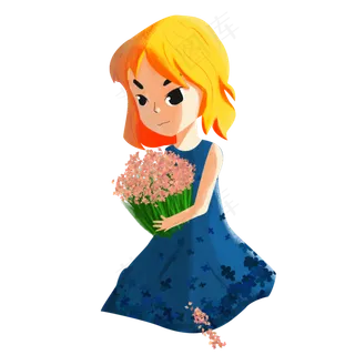 手绘卡通女孩拿着花束元素