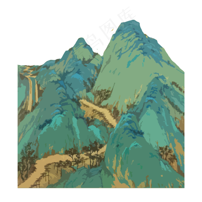 水墨山水翠色青蓝PNG国画(3000X3000(DPI:300))psd模版下载