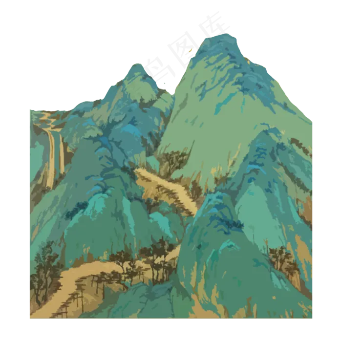 水墨山水翠色青蓝PNG国画(3000X3000(DPI:300))psd模版下载