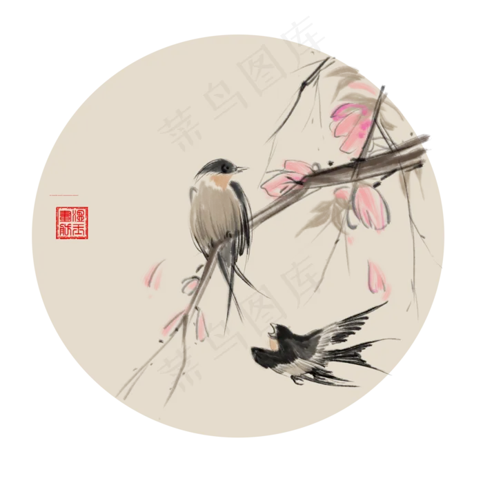 中国风古典水墨花鸟古风矢量图,免抠元素