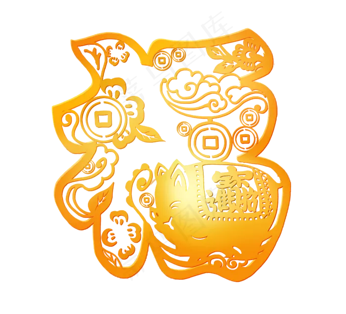 中国风金色立体猪年福字剪纸,免抠元素