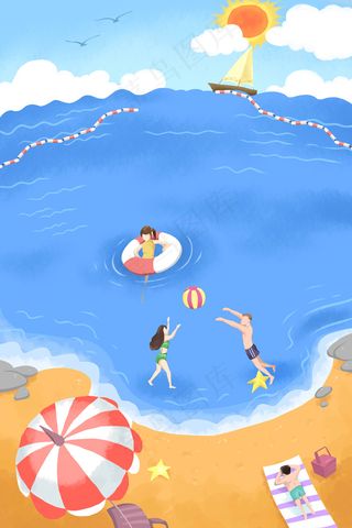 卡通手绘风立夏海边玩耍配图