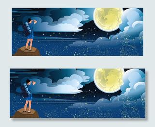 扁平卡通风旅行人远眺星空风景