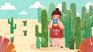 卡通可爱扁平小暑女孩在沙漠拍照配图