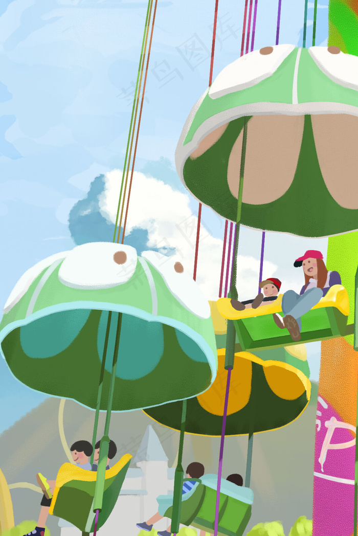 手绘游乐园插画背景竖图
