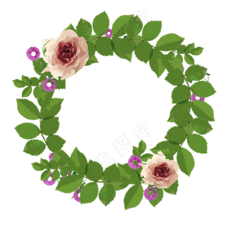 手绘风春季花环玫瑰花树叶