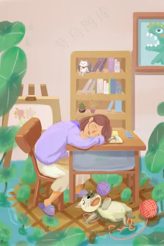 春季 扁平 春困 女孩读书睡