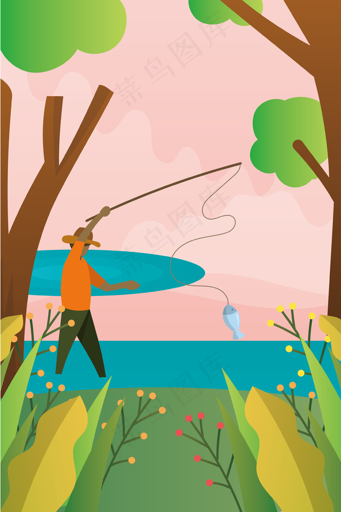 池塘钓鱼风景插画
