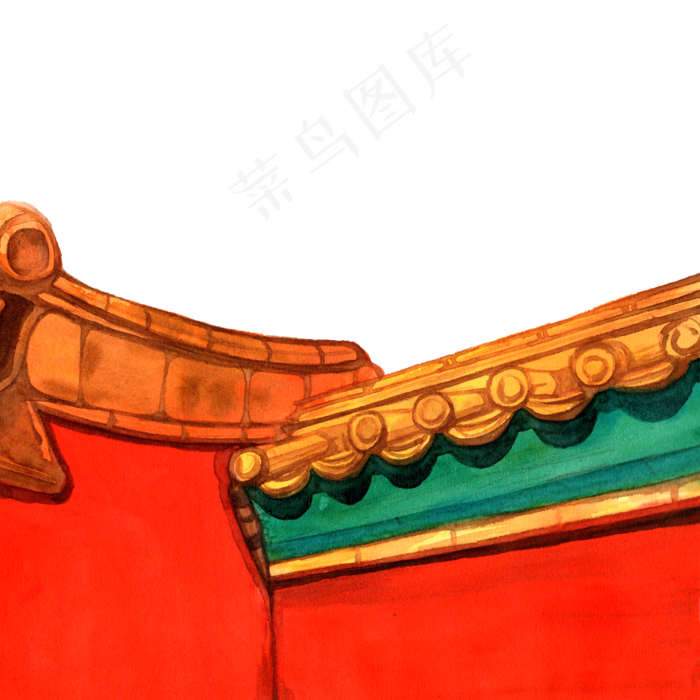 彩色手绘故宫红墙装饰画,免抠元素