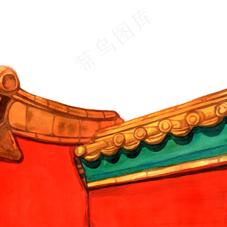 彩色手绘故宫红墙装饰画,免抠元素