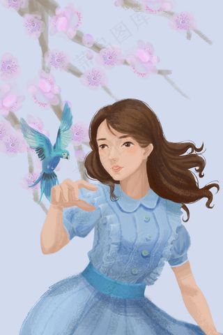 春天 肌理 花与少女 女孩逗鸟