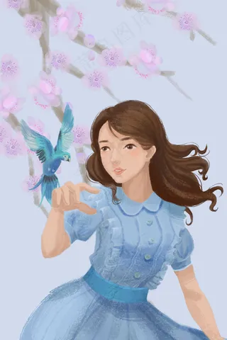 春天 肌理 花与少女 女孩逗鸟
