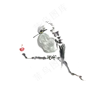 鸟麻雀山水国画花鸟毛茸茸红果PNG,免抠元素