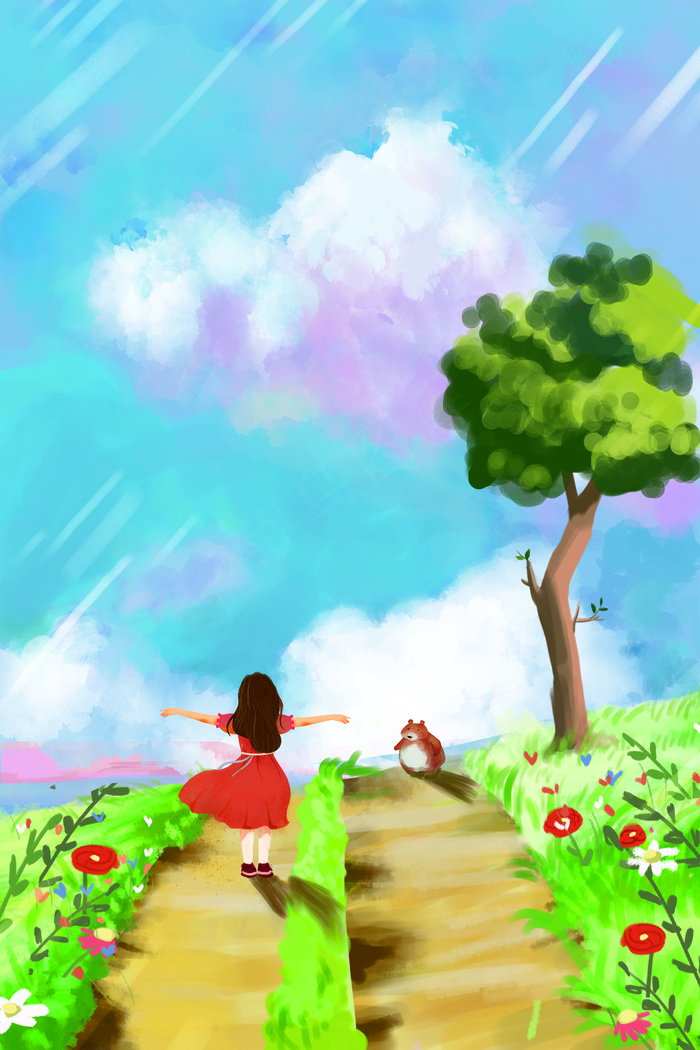 治愈唯美少女天空小路云彩通用场景五月你好