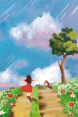 治愈唯美少女天空小路云彩通用场景五月你好