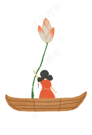 坐船的摘荷花的小女孩