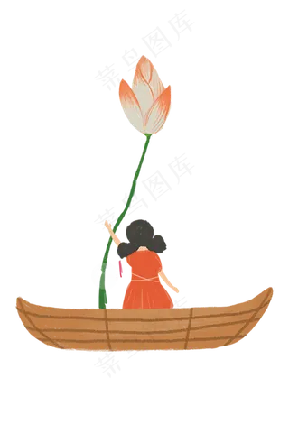 坐船的摘荷花的小女孩