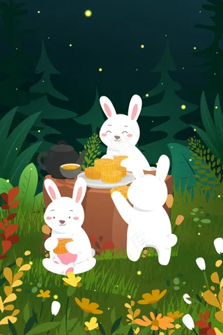 中秋佳节兔子吃月饼团圆中国风手机页面配图