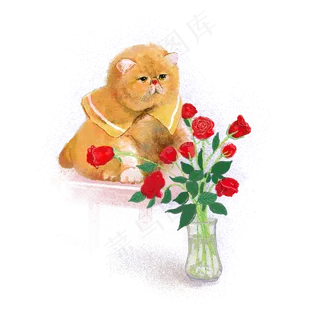 呆萌扮装猫咪与红色玫瑰花