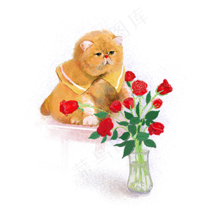 呆萌扮装猫咪与红色玫瑰花