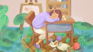 春季 扁平 春困 女孩读书睡