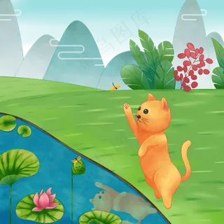 二十四节气小暑夏季荷花荷叶猫咪