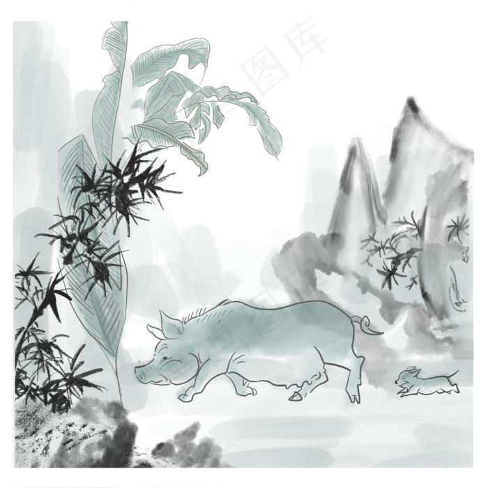 猪年古风水墨画png免抠