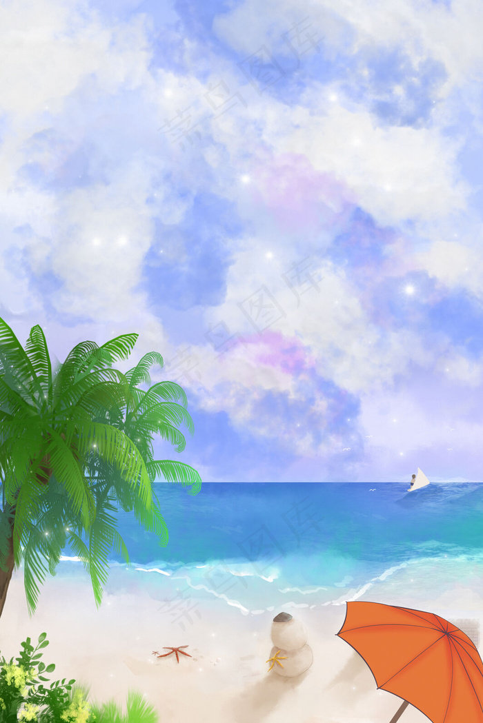 夏天白色沙滩海边冲浪休闲风景