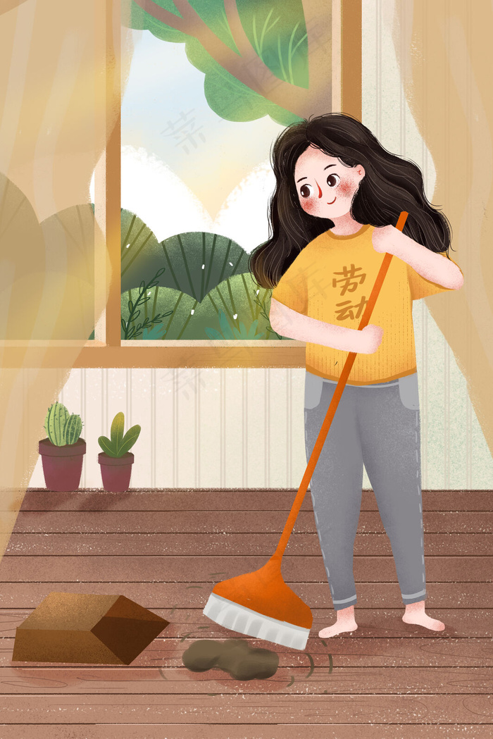 小清新五一劳动节女孩打扫